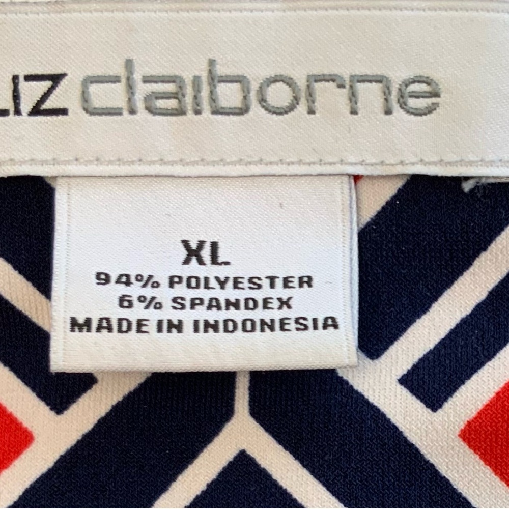 Liz Claiborne Dress XL Midi, Red White Blue Geometric Design, 3/4 Sleeves. - Picture 3 of 9